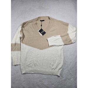 COZY Womens XXL Colorblock V-Neck Sweater Tan Cream Long Sleeve Knit NEW Minimal
